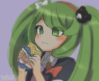 💚 Anime, Desenho animado, Garota, Comendo, Sanduíche, Cabelo verde, Fofa, Kawaii telegram sticker