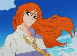 😕 Orihime Inoue Bleach anime, cartoon, girl, orange hair, school uniform, Orihime, Bleach telegram sticker