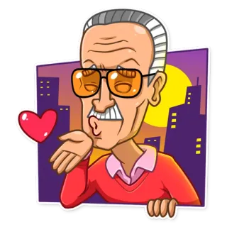 😘 Stan Lee Stan Lee, cartoon, kiss, cityscape, heart telegram sticker