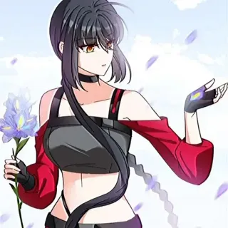 👍 애니메이션, 소녀, 꽃, 빨간색, 검은 머리 telegram sticker
