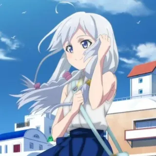 🍃 anime, girl, white hair, blue eyes, skirt, cartoon telegram sticker