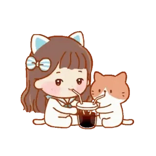🐈 卡通, 女孩, 猫, 可爱, 饮料, 卡哇伊 whatsapp sticker