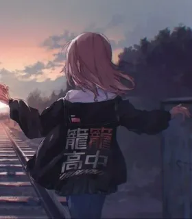 ❤️ 龍驤高中 Anime, Schule, Mädchen, Sonnenuntergang, Bahngleise telegram sticker