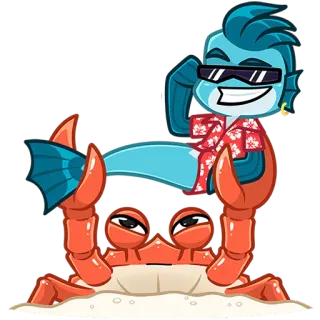 🐟 granchio, cartone animato, personaggio, camicia hawaiana, occhiali da sole telegram sticker