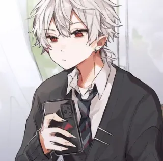 🤍 anime, boy, red eyes, phone, tie, earring whatsapp sticker