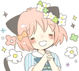 ☺️ Anime, Fille, Chat, Couronne de fleurs, Joyeux, Mignon, Kawaii telegram sticker