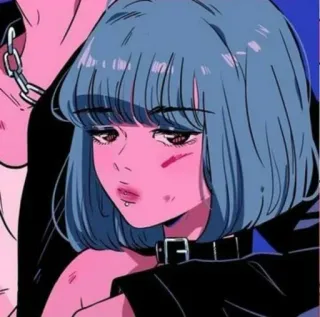 🍭 anime, girl, cartoon, illustration, blue hair, collar, piercing telegram sticker