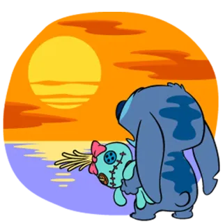 🌅 Stitch Lilo & Stitch disney, cartoon, strand, sonnenuntergang, süß, ozean telegram sticker