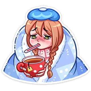 🤒 krank, ill, fieber, cartoon, thermometer, tee, erkältung, mädchen, anime telegram sticker