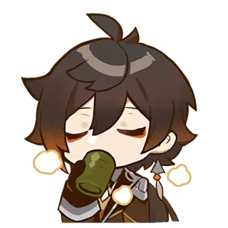 😌 Zhongli Genshin Impact Genshin Impact, Zhongli, Chibi, Bebiendo, Videojuego, Personaje telegram sticker