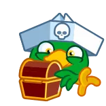 🤑 pirata, pájaro, cofre del tesoro, calavera, sombrero, oro, dibujos animados, loro telegram sticker
