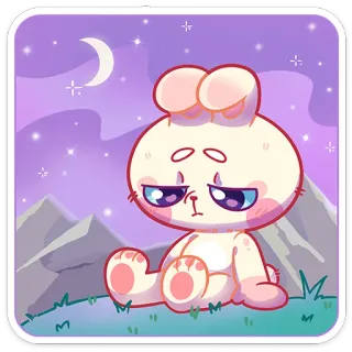 😔 うさぎ, 悲しい, 月, 山, 夜, 星, 漫画 telegram sticker