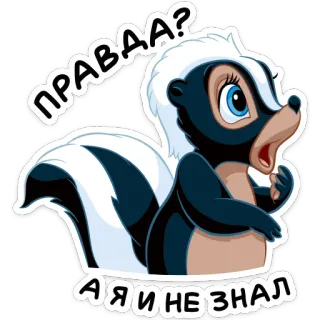 ❓ ПРАВАА?
А Я И НЕ ЗНАЛ skunk, animal, cartoon, russian, surprise, question, surprised telegram sticker