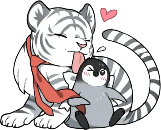 🤗 tigre, pinguim, desenho animado, fofo, animal, amizade, cachecol, coração telegram sticker