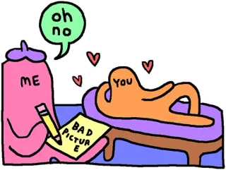 🎨 oh no
ME
YOU
BAD PICTURE dibujo animado, sofá, amor, escritura, triste telegram sticker