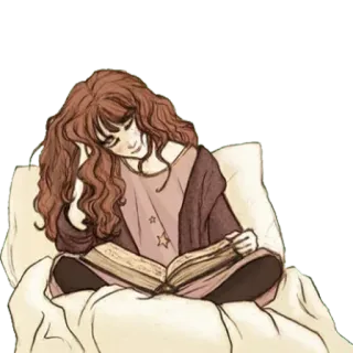 🖤 lecture, livre, fille, cheveux bouclés, lit, pyjama, cosy telegram sticker