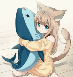 🙂 Аниме девушка, Девушка-кошка, Нэко, Милый, Рыба, Каваий, Мультфильм telegram sticker