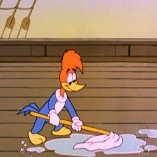🧼 Woody Woodpecker การ์ตูน, นก, นกหัวขวาน, ทำความสะอาด, ม็อบ, พื้นไม้ telegram sticker