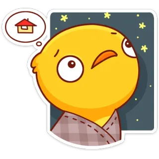 🌌 pássaro amarelo, pensando, sonhando, fofo, desenho animado, estrelas, casa whatsapp sticker
