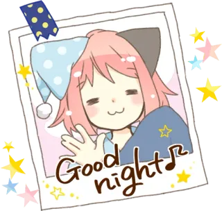 👋 Good night bonne nuit, dormir, animé, kawaii, étoiles, cheveux roses telegram sticker