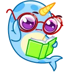 🤓 만화, 일각고래, 독서, 안경, 책, 귀여운, 동물, 파란색 telegram sticker