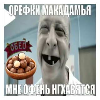 🫥 ОРЕФКИ МАКАДАМЬЯ ОБЕД МНЕ ОФЕНЬ НГХАВЯТСЯ macadamia, nuts, funny, meme, teeth, food, humor telegram sticker