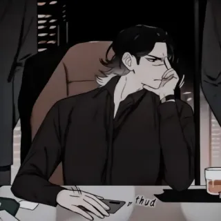 🩹 thud mężczyzna, biurko, anime, zamyślony, napój, biuro telegram sticker