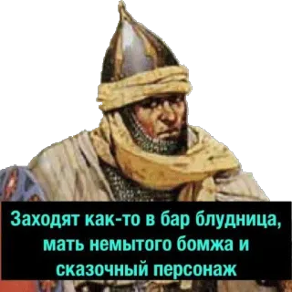 👩 Заходят как-то в бар блудница, мать немытого бомжа и сказочный персонаж medieval, armadura, guerreiro, história, piada telegram sticker