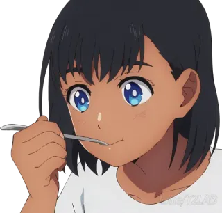 😋 Аниме, Девушка, Ест, Ложка, Тёмная кожа, Женщина, Мультфильм telegram sticker