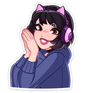 ☺ Anime, Kawaii, Słodkie, Dziewczyna, Słuchawki, Kreskówka, Kocie uszy whatsapp sticker