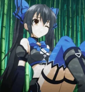 🍷 Noire Hyperdimension Neptunia animé, fille, cheveux noirs, bleu, clin d'oeil, personnage de jeu vidéo whatsapp sticker