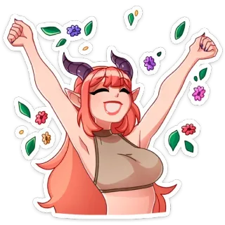🥳 succubus, demon, cartoon, anime, horns, flower, pink hair, cheerful telegram sticker