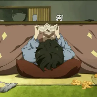 🎐 reading, book, indoors, relaxing, kotatsu, home, winter telegram sticker