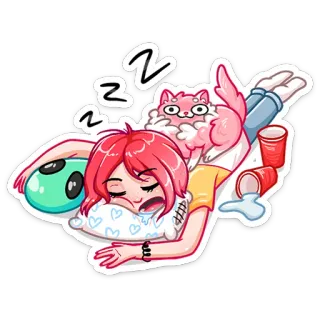 😴 zzz sleeping, tired, cat, pillow, cartoon, girl, alien whatsapp sticker