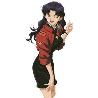 👍 Misato Katsuragi Neon Genesis Evangelion Anime, Charakter, Frau, Rote Jacke, Lächeln, Daumen hoch, Cartoon whatsapp sticker