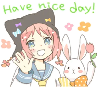 👋 Have nice day! Anime, Kawaii, Fofo, Menina, Coelho, Flores, Saudação telegram sticker