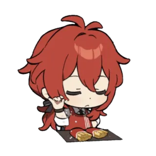 🥢 Diluc Genshin Impact Anime, rote Haare, Chibi, schläfrig, Spiel telegram sticker