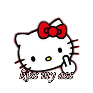 😍 Hello Kitty kiss my ass Hello Kitty, jari tengah, menyinggung, kartun, pita, merah, vulgar telegram sticker