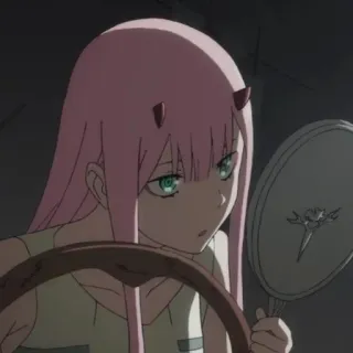 🐚 Zero Two Darling in the Franxx anime, pink hair, Zero Two, Darling in the Franxx, horns, mirror telegram sticker