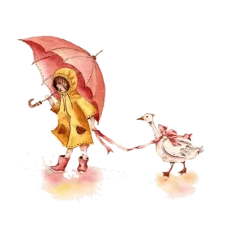 ⛱ เด็กผู้หญิง, ห่าน, ร่ม, เสื้อกันฝน, น่ารัก, สีน้ำ, เมฆ telegram sticker