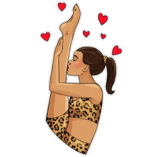 🥰 gimnasta, chica, corazones, beso, estampado leopardo, yoga, flexible telegram sticker