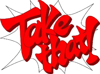 😏 Take that! cầm lấy, truyện tranh, hiệu ứng âm thanh, chữ đỏ telegram sticker