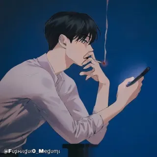 🚬 @Fushiguro_Megumi hombre, fumando, cigarrillo, teléfono, perfil, noche, dibujo animado whatsapp sticker