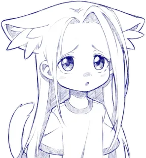 😞 telinga kucing, anime, manga, kawaii, imut, gambar, sketsa, gadis telegram sticker