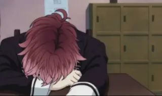 🍷 anime, mangá, cansado, dormindo, mesa, escritório, cabelo ruivo telegram sticker