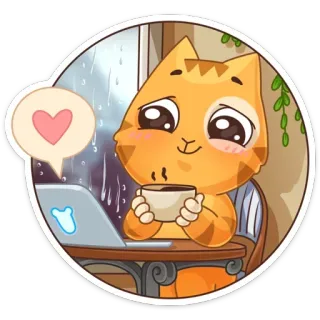 ☕ chat, ordinateur portable, café, cœur, pluvieux, fenêtre, mignon, autocollant telegram sticker