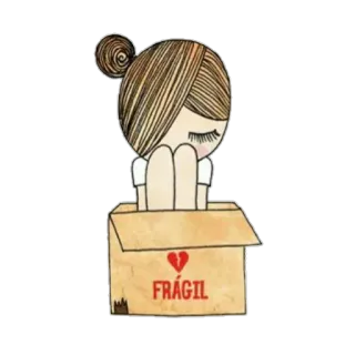 😔 FRÁGIL fragile, cuore spezzato, ragazza nella scatola, triste, scatola, cartone animato, malinconia telegram sticker