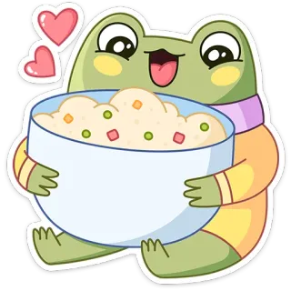 🥰 frog, bowl, rice, cartoon, food, cute telegram sticker
