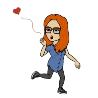 😗 Bitmoji, cartoon, woman, red hair, glasses, heart, love, blowing kiss telegram sticker