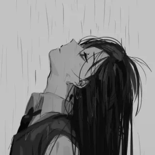 🖤 anime, triste, ragazza, piangendo, pioggia, bianco e nero, emozionale, illustrazione telegram sticker
